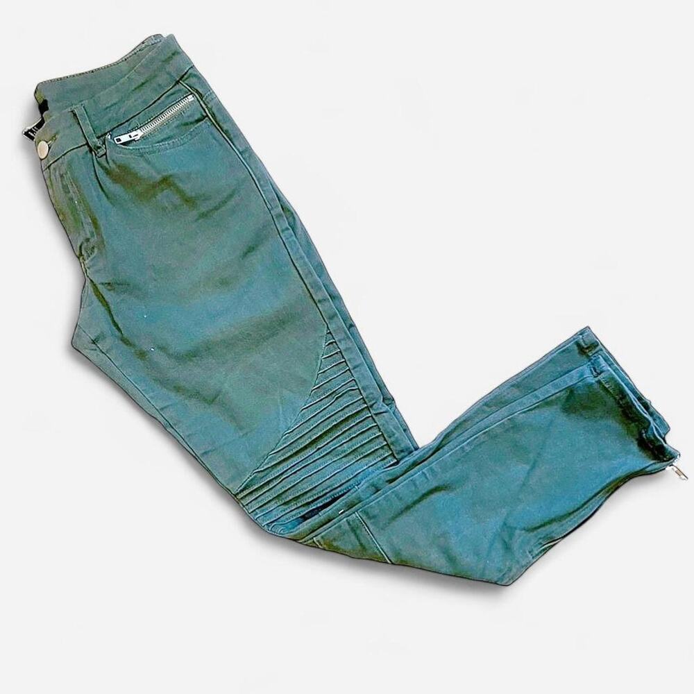 Olive green moto ankle jeans